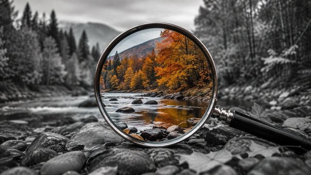 Magnifying glass revealing vibrant autumn landscape in monochrome nature scene with selective color effect
