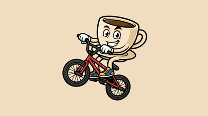 Obraz premium Energetic coffee cup mascot doing wheelie on red BMX bike.
