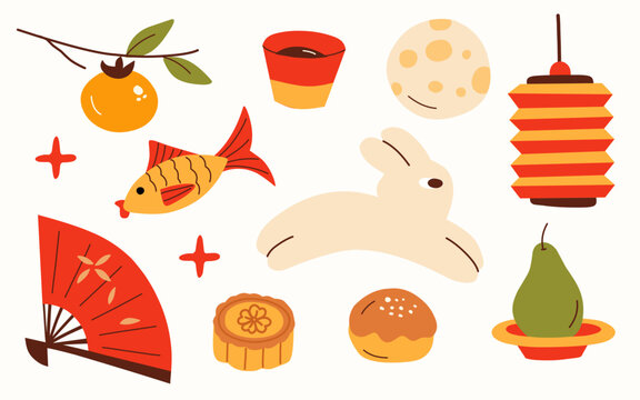 Mid Autumn Festival Elements Set, Cute Moon Rabbit, Mooncake, Paper Lantern, Hand Drawn Flat Vector Illustration For Greeting Cards, Seasonal Banner, Poster, Stickers, Packaging Design, Culture Decor