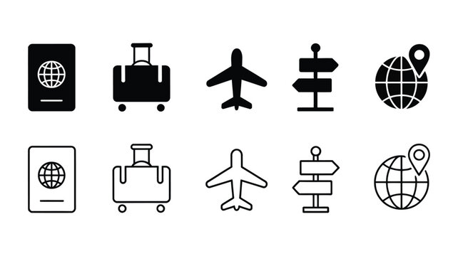 Travel and Tourism vector symbols featuring black silhouettes and line art designs, representing holidays, sightseeing, vacation activities, transportation, destination discovery, adventure travel, an