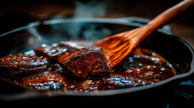 Searing beef chunks in a hot black cast iron skillet with a wooden spatula