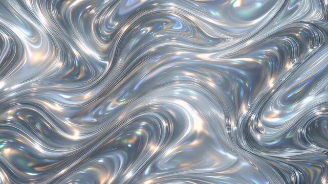 Silver liquid metal waves with smooth glossy texture across a flowing abstract reflective background