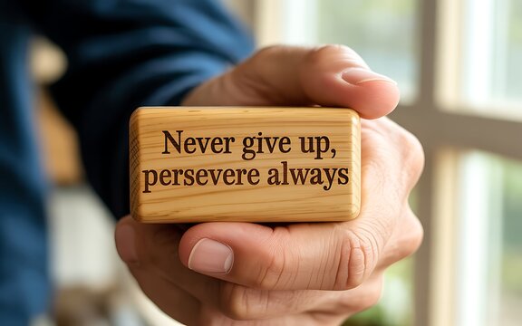 Hand holding wooden block quote never give up persevere always motivational message image
