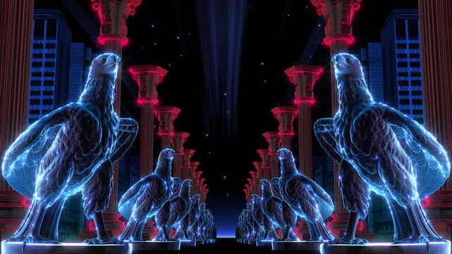 Glowing Blue Crystal Eagle Statues and Red Neon Columns Over City