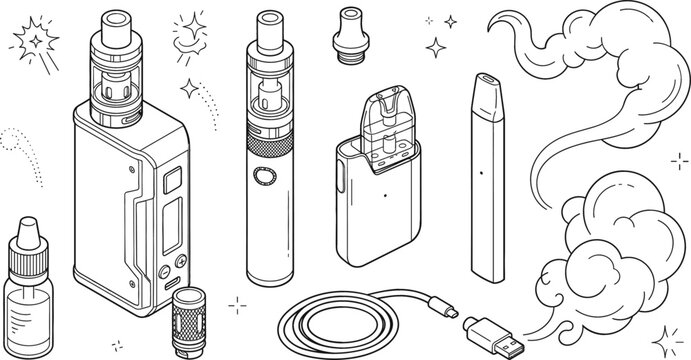 Electronic cigarette vape icon set featuring mod pod pen liquid bottle cloud smoke line art vector illustration collection