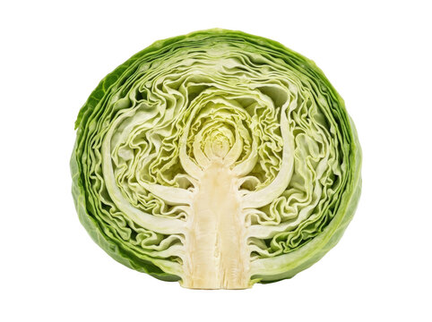 Fresh Green Cabbage Cut in Half Showing Intricate Layers.
