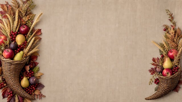 Two decorative cornucopias filled with autumn fruits and dried foliage placed on a plain light brown textured background surface