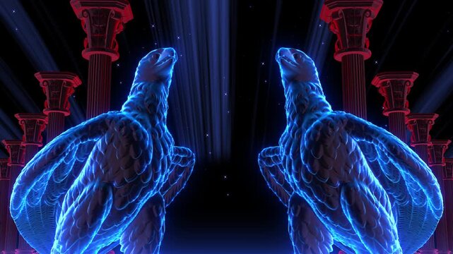 Close Up Glowing Blue Crystal Eagle Statue With Red Neon Columns