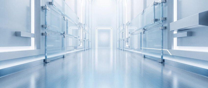 Futuristic corridor with sleek glass panels, glowing light, and reflective floor creates a minimalist sci-fi interior background for modern technology, research, and science presentations