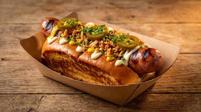 Gourmet loaded artisan hot dog with crispy fried onions mustard and chives in brioche bun