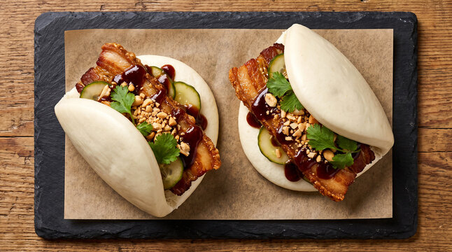 Steamed gua bao buns with glazed crispy pork belly crushed peanuts and cilantro