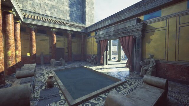 Midday Alexandria atrium with open skylight and bright direct light crisp shadows emphasize central mosaic, scattered stone fragments, worn rugs, sense