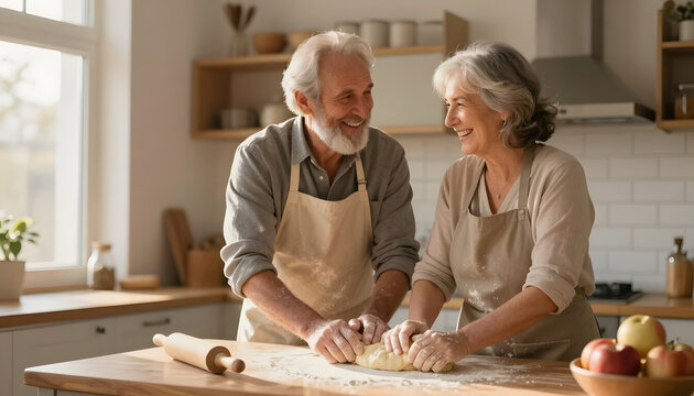 An elderly couple kneading dough together in a sunlit kitchen, flour dusting their hands and aprons. Podcast cover for a baking tutorial or intergenerational family bonding series.