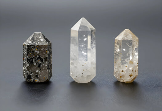 Mindfulness and spiritual healing, three polished crystal points for meditation and energy balance on a dark background