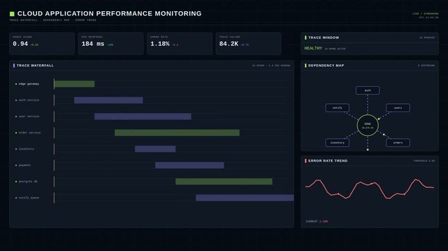 Cloud application performance monitoring dashboard with data analytics