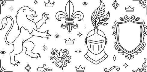 Medieval heraldry vector bundle with royal lion rampant fleur de lis knight helmet shield crown and star sparkles © Mdmain