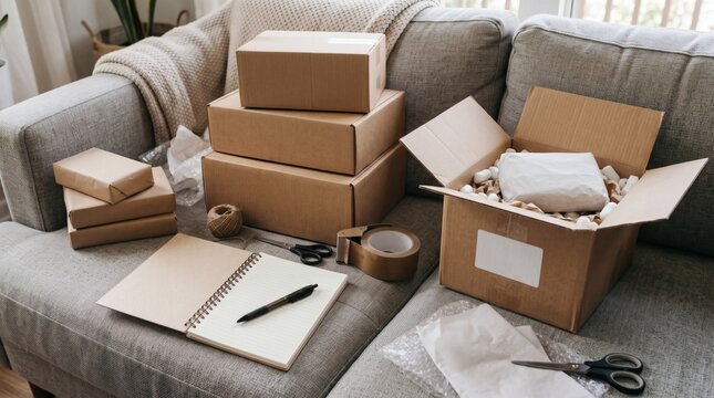 Cardboard boxes and packing supplies arranged on a sofa for shipping and delivery.