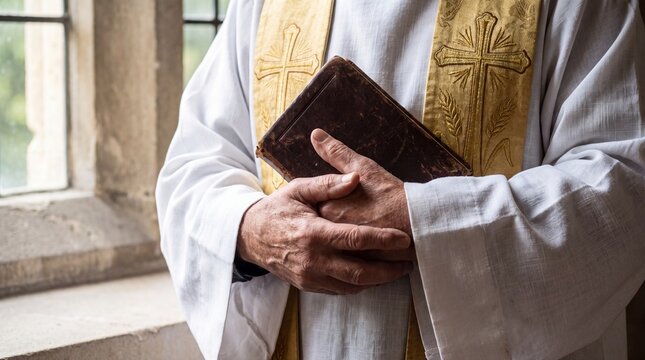 Clergy member holding a bible in a church setting.
