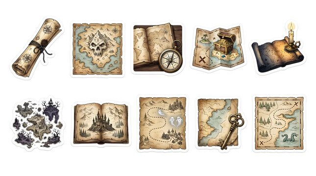 Set of ten fantasy treasure map and adventure stickers featuring old scrolls castles haunted ruins keys and nautical travel equipment items