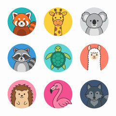 Fototapeta premium Cute exotic animal icons including red panda and flamingo.