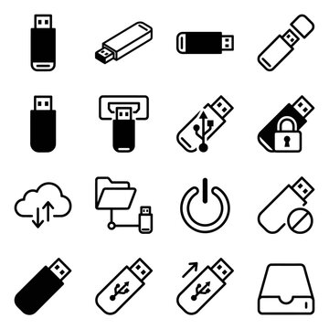 Collection of Various USB Flash Drive Icons and Symbols.
