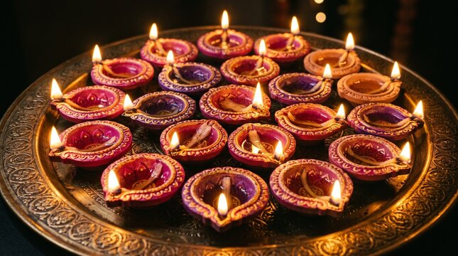 Diwali diya lamps on brass thali plate, glowing oil lamps for festival of lights, traditional clay deepak decoration