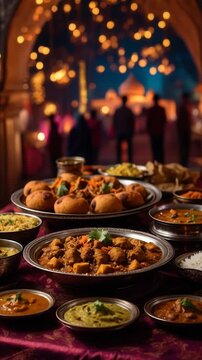 Diwali traditional Indian food dishes curries, rice, and sweets, decorative background AI Generative