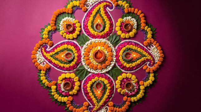 Diwali rangoli flower decoration with clay diya oil lamps, colorful marigold floral mandala arrangement for deepavali festival celebration