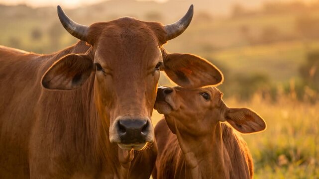 ox with little cattle close up at sunset light in camargue france video