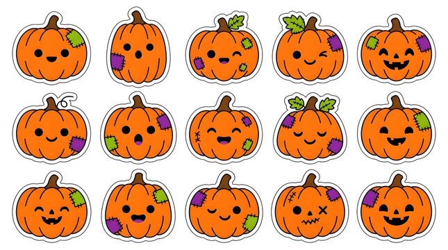 Set of cute cartoon pumpkin stickers for Halloween decorations with various funny expressions and colorful fabric patch accents on them