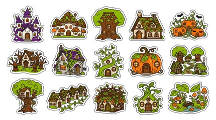 Obraz premium Set of cute magical fairy tale house stickers featuring pumpkin homes tree dwellings and whimsical forest architecture on white background