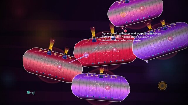 Detailed animation explaining superbug antimicrobial shield mechanisms, showing bacterial consortia establishing systemic recalcitrance and multidrug resistance against conventional antibiotic therap