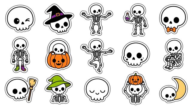 Set of cute cartoon skeleton and skull stickers for Halloween celebration featuring various poses and festive items on white background