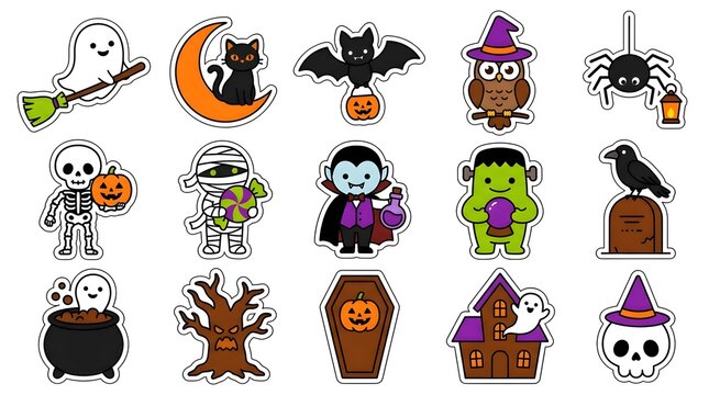 Set of cute Halloween stickers featuring ghost on broom black cat bat vampire mummy skull and haunted house in colorful flat style
