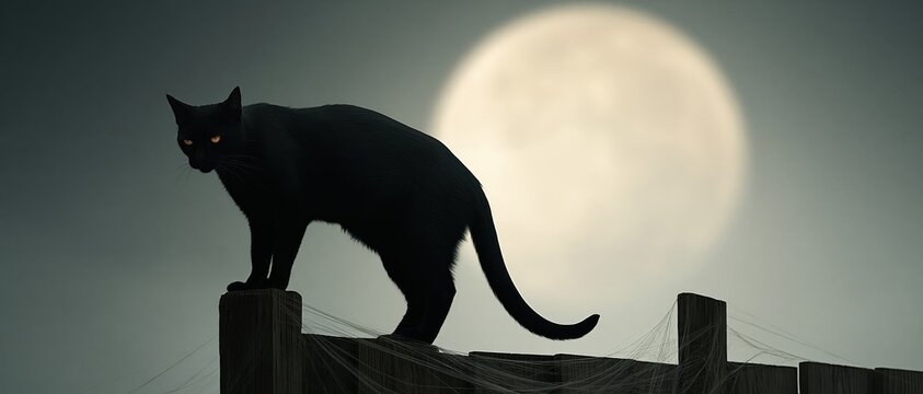A mystical black cat standing on a wooden fence covered in spiderwebs against a glowing full moon night sky for Halloween.