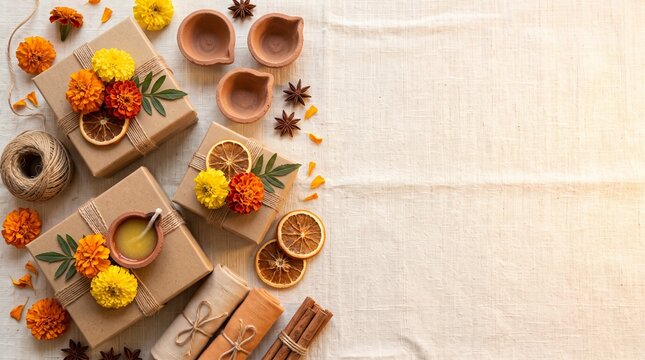 autumn gift wrapping with marigold flowers, dried orange slices and natural decorations on beige fabric
