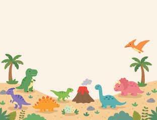 Cute dinosaur frame background vector illustration. Adorable cartoon dinosaurs with volcano, eggs, and palm trees on light background for kids poster and board. © Tuesday04