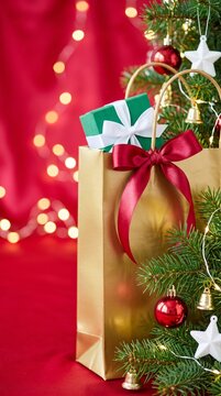 christmas gift bag with presents and decorated christmas tree with red and white ornaments on red background