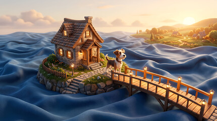 Obraz premium Small Cute Dog Standing on Wooden Bridge beside Cozy Cottage on Blue Fabric Sea