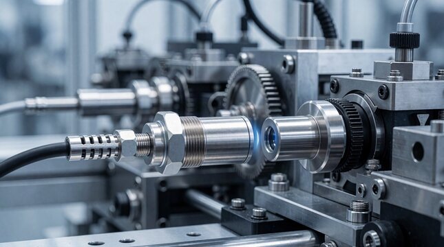 Industrial proximity sensor detecting rotating machine components for automated manufacturing process control