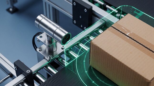 Industrial Proximity Sensor Scanning Cardboard Package For Automated Conveyor Object Detection