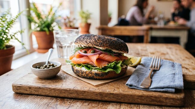 Delicious smoked salmon bagel sandwich with fresh ingredients on a wooden board in a cafe setting.