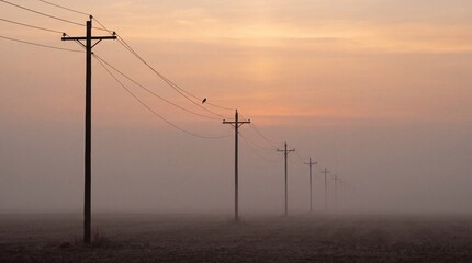 Obraz premium Power lines stretching across a misty field at sunrise.