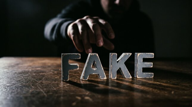 Persons Hand Reaching for the Word Fake Made of Metal Letters.