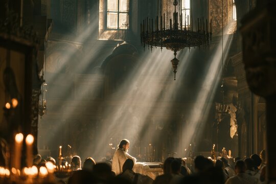 Priest leading worship service inside a church with sunbeams illuminating the scene