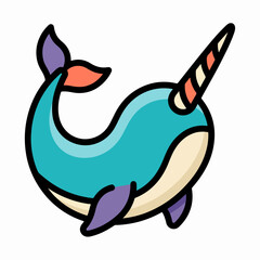 Stylized blue narwhal illustration swimming on white background. © zmorrison