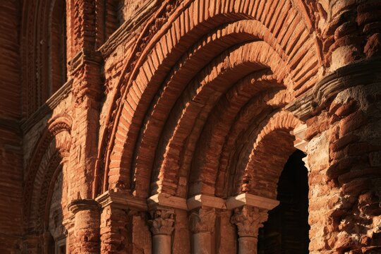 Ancient brick arches form a historical architectural ruin in warm sunlight