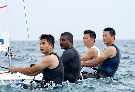 Teamwork and collaboration in sports, diverse group of men sailing a boat on the ocean during a competitive regatta race with focus and determination