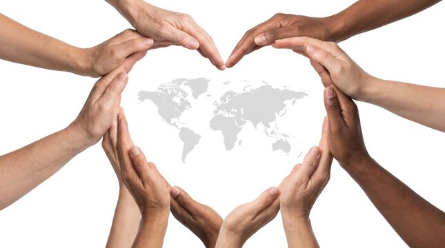 Diverse hands from various ethnicities forming a heart shape around a world map, symbolizing global unity, compassion, and solidarity for health awareness and support on a clean white background.