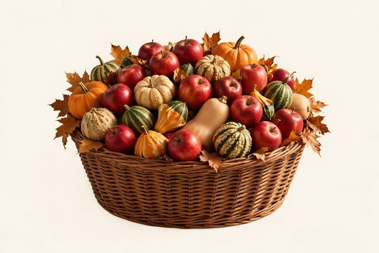 Woven basket of red apples and gourds, autumn harvest